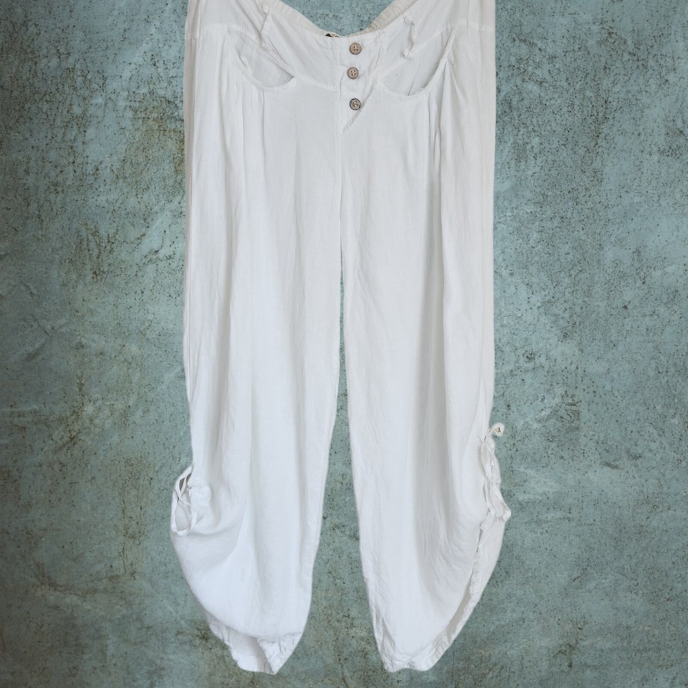 Tera Bora Womens M Linen Pants Ankle Ties Relaxed Beach Cruise Vacation 36x25"